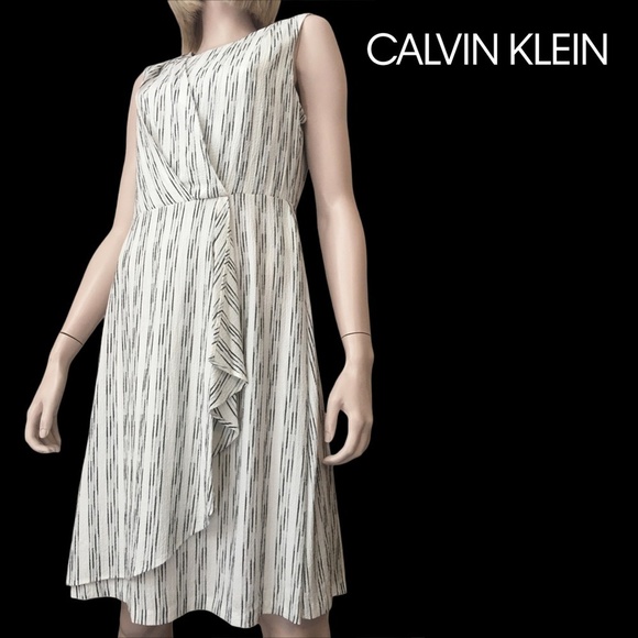 Calvin KLEIN Dress Rayon Blend Stripe Draped Pleated Ruffle Flounce Versatile - Picture 14 of 16